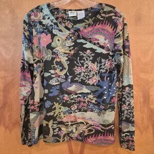 Norm Thompson Silk Blend Asymmetrical Covered Button Heavenly Dragon Peacock Top